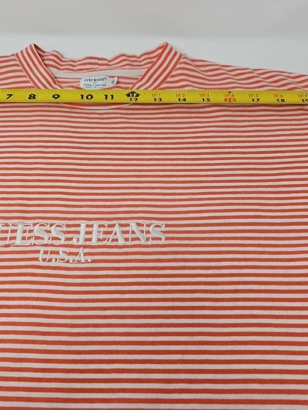 Vintage Guess Striped Tee in Coral and White with Embroidered Logo - Picture 5 of 7